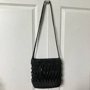 Vintage Talbots Woven Leather Netted Bucket Bag Black Womens Tote Crossbody